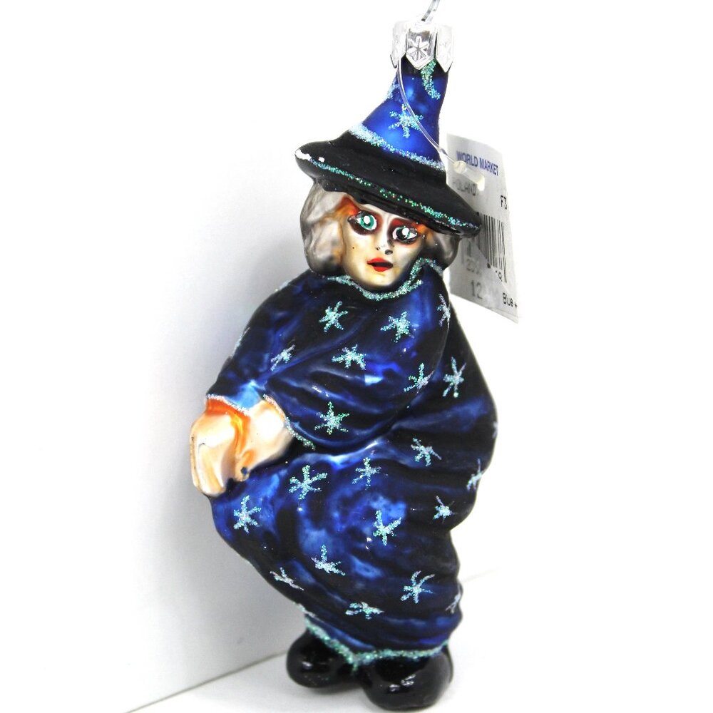 World Market Polish Christmas Blue Silver Black Glass Witch 5" Ornament Whimsy